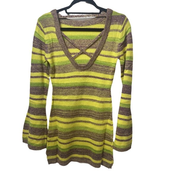 NWT Long Bell Sleeve Open Back Bodycon Multi Color Knit Mini Dress Size S - Picture 4 of 7